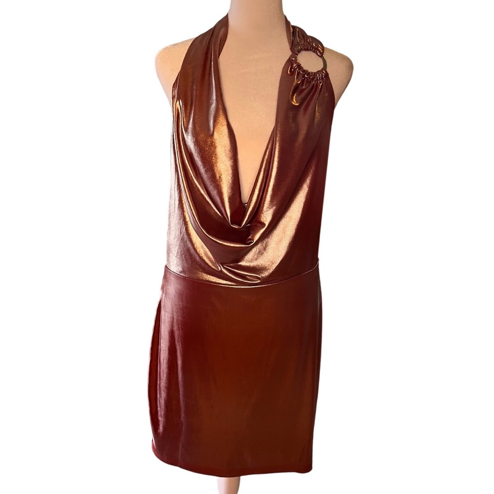 Superdown XL Metallic Rose Gold Draped Cowl Halter Open Back Mini Dress NWT
